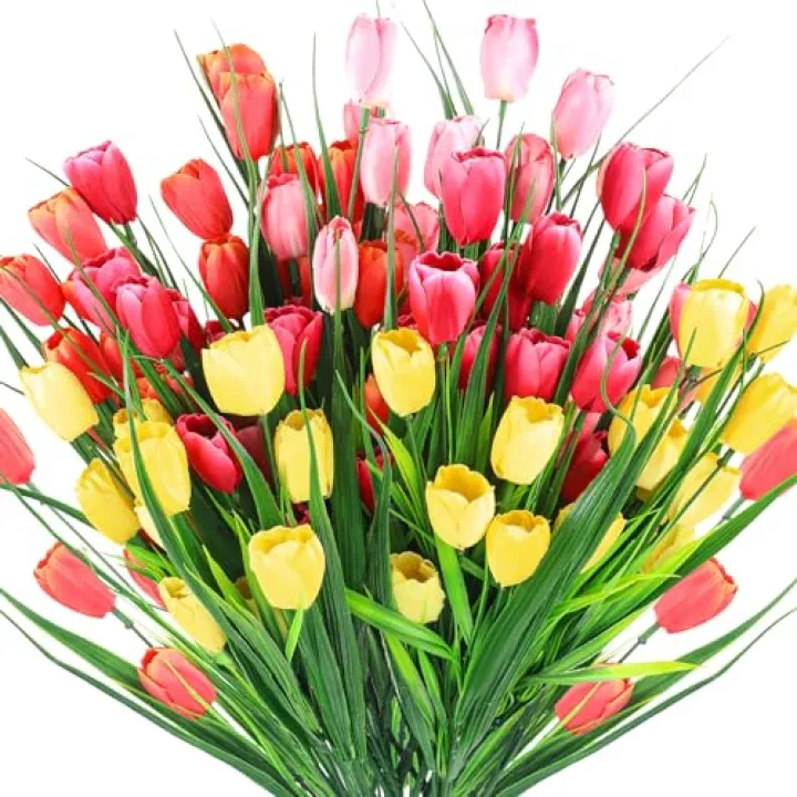Yungyan 20 Bundles Artificial Flowers Multicolor Fake Tulips No Fade Faux Tulips Plastic Flowers Arrangement for Easter Spring Decoration Wreath(Rose Red, Orange, Pink, Yellow)
