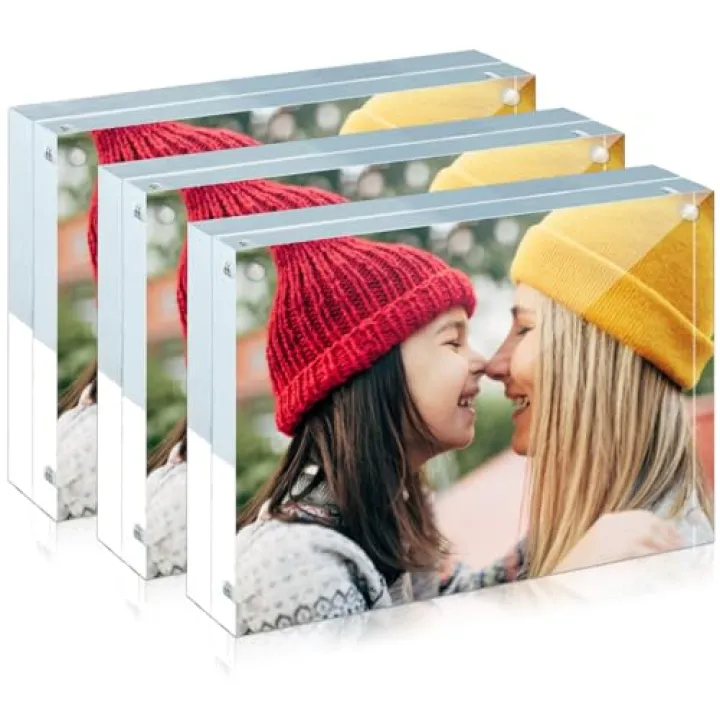 ILYXY 3 Pack Acrylic Frame 4x6, 20% Thicker, 20mm Thick Frameless Clear Picture Frame, Double Sided Magnetic Photo Frame, Free Standing Desktop Display Stand Acrylic Picture Frames