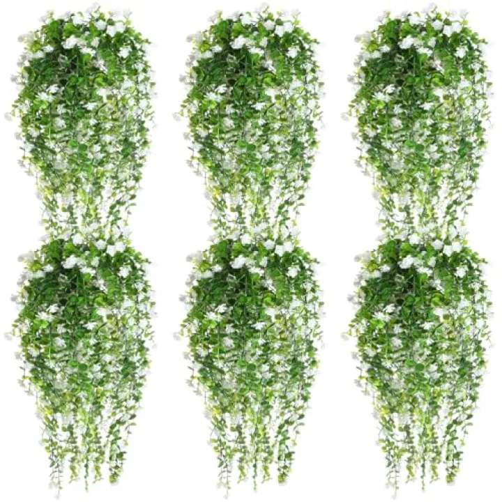 Hotop 6 Pcs Ferns Artificial Hanging Plants Vine Hanging Fake Plants Faux Ferns Indoor Outdoor Ivy Wall Decor Greenery Vine with Flower for Room Wedding Fall Decoration(White)