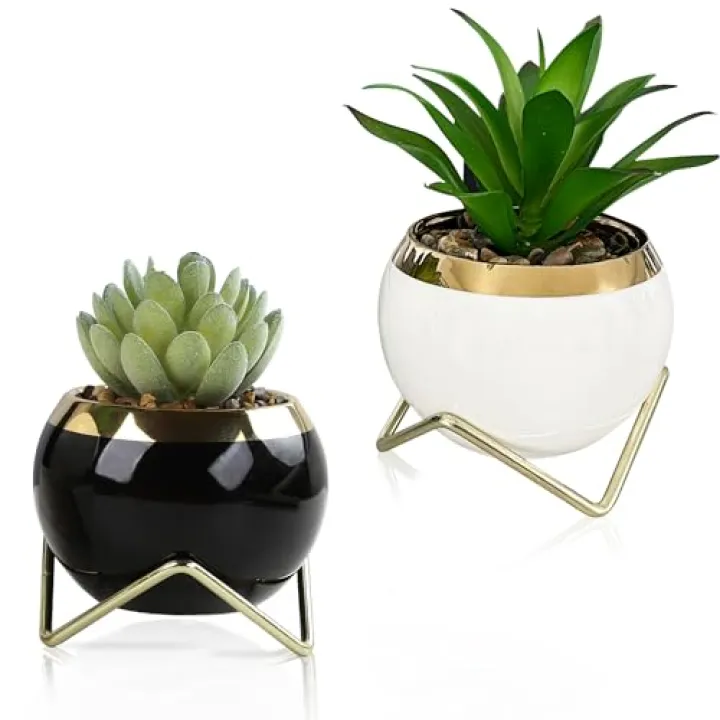 YIRADIS STORES Set of 2 Artificial Succulents in Ceramic pots with Elegant Iron Frames and Delicate Flowers - Elevate Your Space with a Stunning Fake Plant Arrangement for Stylish Home Decor