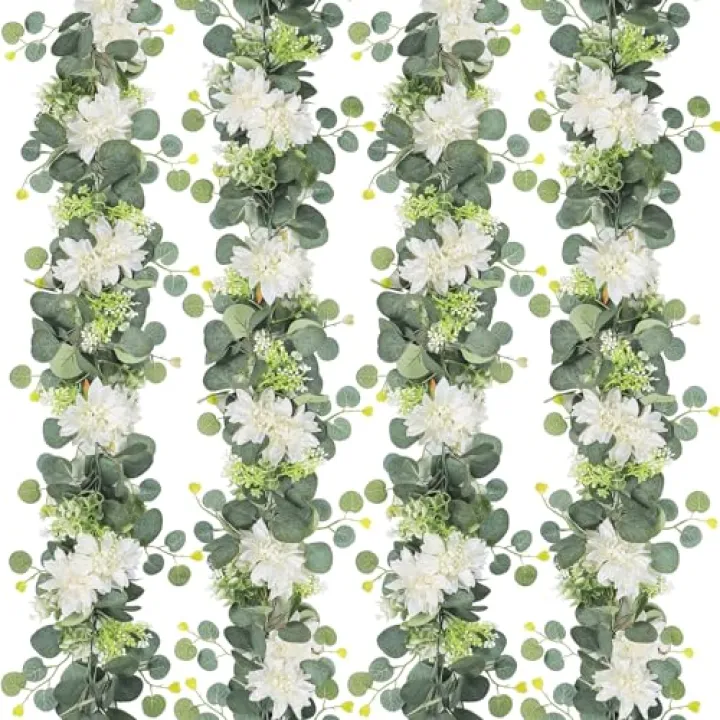 Dremisland Artificial Flowers Garlands 4 Pack 24Ft Eucalyptus Garlands with Flowers Dahlia Flower Vines Hanging Floral Garland for Wedding Arch Bedroom Home Wall Backdrop Room Decor