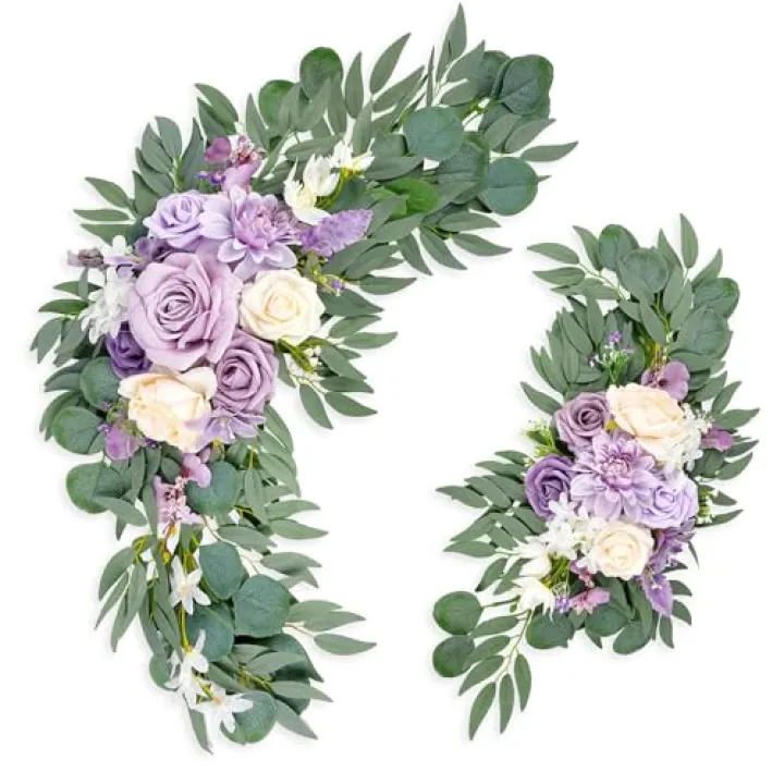 Roahosy Wedding Arch Flowers (Pack of 2), Purple Flower Swag Wedding Welcome Sign Floral Arrangements for Wedding Ceremony and Reception Backdrop Floral Decoration