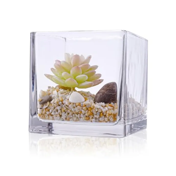 4.8" Clear Glass Cube Vase Handmade Square Home Decorative Bottle Flower Glass Vase Wedding Party Table Centerpieces (4.8"X4.8"X4.8")