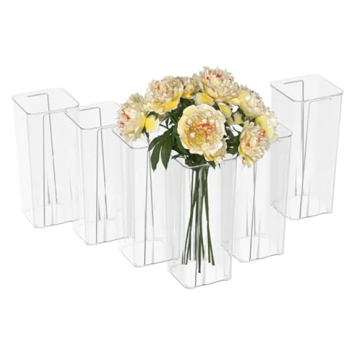 Sadstory Acrylic Tall Square Flower Vases, Clear Plastic Table Vases for Centerpieces, 6 Packs