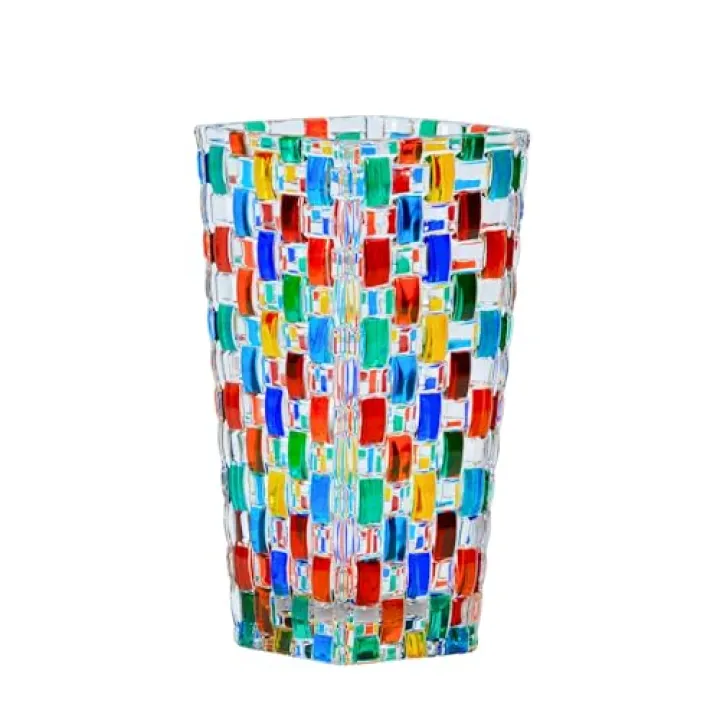 Hand Blown Italian Crystal Glass Flower Vase, 8 Inch, Bossanova Collection, Red, Yellow, Green, Blue, Woven Pattern, Hand Painted, Tall Vase for Centerpiece, Wedding Gift, Home Decor, Made in Italy