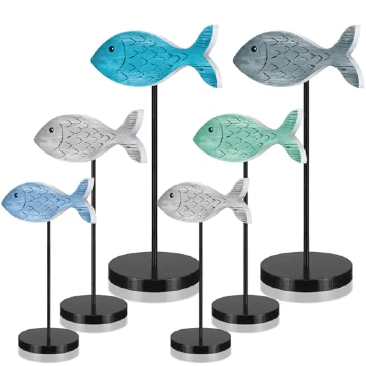 Geetery 6 Pcs Wooden Fish Table Decor Summer Ocean Tabletop Centerpiece Sea Animal Standing Sign Rustic Wood Fish Home Decor Coastal Beach Figurines Block for House Office(Classic Style)