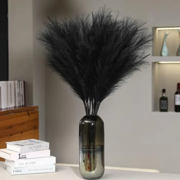 Wertuirk 9 Stems Black Pampas Grass - 38 Inch Tall Faux Pompous Grass Decor, Long Artificial Pompas Floral for Gothic Room Decoration, Wedding Flower Arrangement, Halloween and Home Decor (Black)