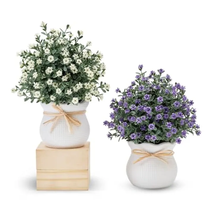 Fuxdre 2 Packs Small Fake Plants Mini Artificial Faux Plants with Flowers for Kitchen Office Home Room Farmhouse Bathroom Coffee Table Decor(Purple & White)