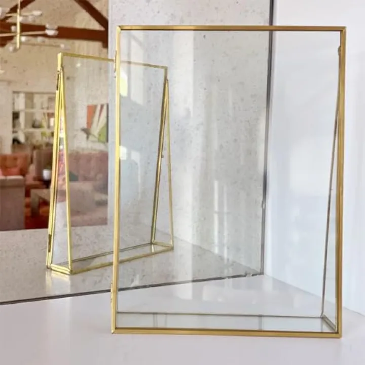 QQP 6x8 Gold Floating Picture Frame Real Metal Brass & Glass Photo Frame Ornaments with Angled Stand Tabletop Shelf Display for Pictures, Flowers Art, Keepsakes, Home Office Wedding Décor