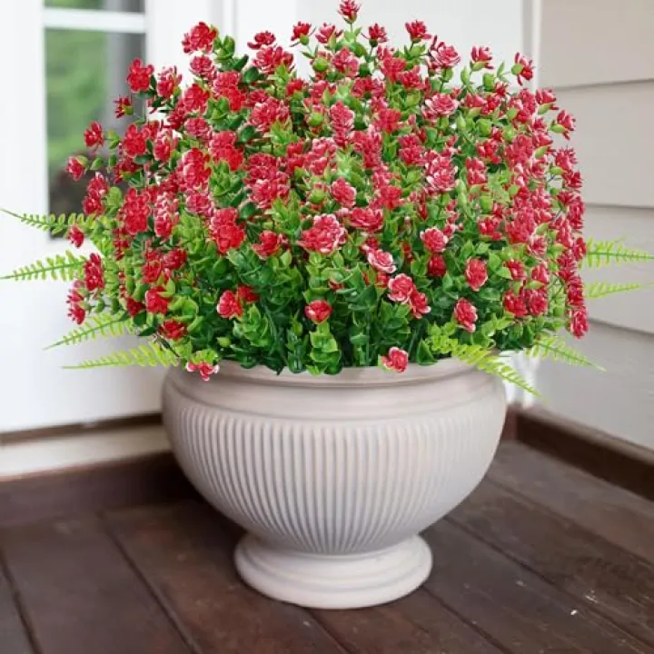 Elyum Artificial Flowers for Outdoors, 14 Bundles Artificial Plants&Flowers Outdoor, UV Resistant Artificial Plants Outdoor Fake Flowers for Outdoors Garden Porch Decoration(Red)