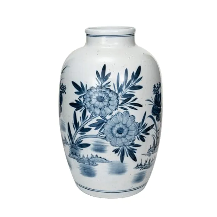 Creative Co-Op Urn Shaped Hand-Painted Stoneware Vase with Wide Opening, Blue and White