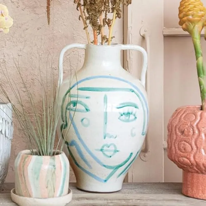 Creative Co-Op Hand-Painted Terra-Cotta Vase with Abstract Face and Crackle Glaze, White, Blue and Aqua