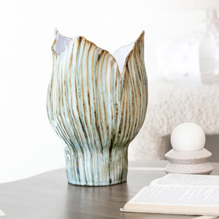 Bloomingville Stoneware Pleated Sculptural Vase with Reactive Glaze, Green and White