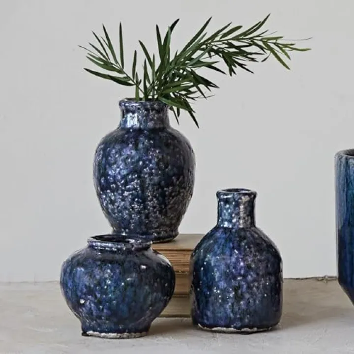 Creative Co-Op Decorative Terra-Cotta Vases with Crackle Glaze, Navy, Set of 3