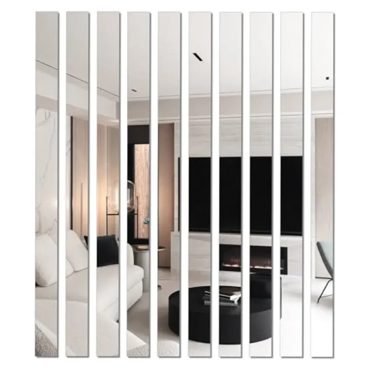Nicerity 10Pcs DIY Striped Mirror Stickers 39.37 Inch Self Adhesive Long Acrylic Wall Decals Mirror Strips Removable for Home Art Wall Decor (Silver)