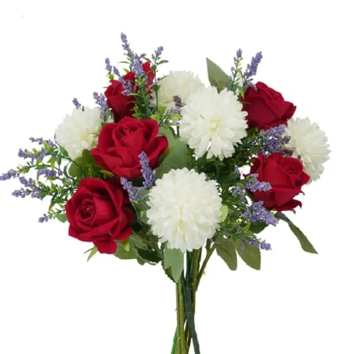 HO2NLE Artificial Flowers Fake Flower Bouquet with Red Rose Chrysanthemums Flowers Silk Floral Arrangements for Home Mother's Day Cemetery Grave Memorial Day Wedding Decor 12 inch