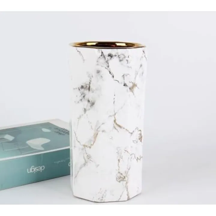 Generic White Gold Finish Marble 10"" Ceramic Flower Vase Home Decor Vase and Table Centerpieces Vase Octagon Modern Clean Minimalist, Noopy10525