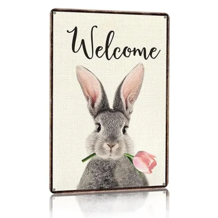 Smilelife Funny Bunny Tulip Welcome Vintage Tin Sign for Home Room Yard Garden Party Spring Decor 8 x12 Inch (3093)