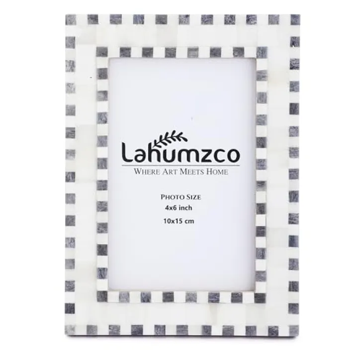 Lahumzco 4x6 Checked Pattern Picture Frame Handmade Beading Art Vintage Table-Top/Wall Décor Boho Bone Photo Frames -Gray/White