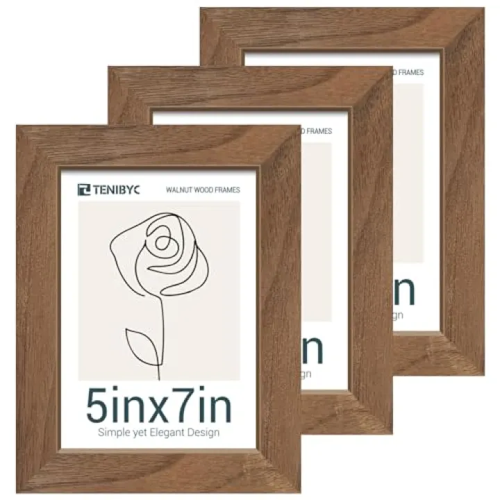TENIBYC 5x7 Picture Frame 3 Pack with HD Glass - Brown Walnut, Natural Wood Photo Frame, Table Decoration