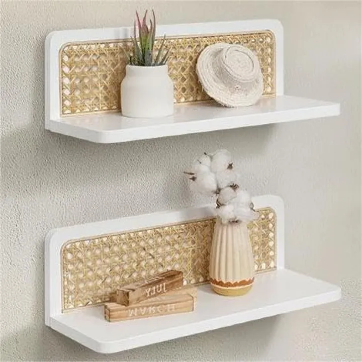 Mazjoaru Rattan Wall Shelf 16inch Set of 2, Handmade White Floating Shelves Boho Wall Decor, Rustic Wood Cute Wall Mounted Storage Shelves for Living Room Nursery Bedroom