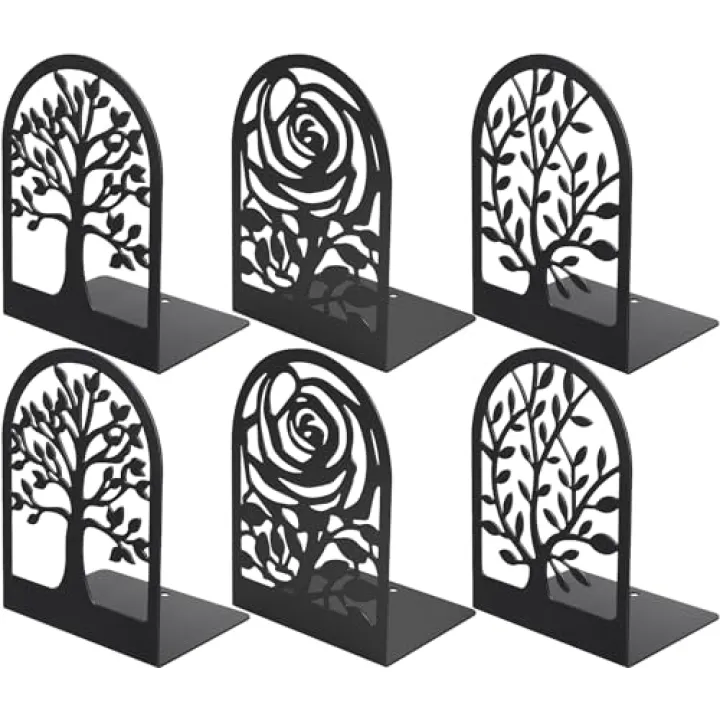 MaxGear Decorative Book Ends, Heavy Duty Bookends for Shelves, Metal Bookend for Heavy Book Supports, Office Bookends Shelf Holder Black 3pair, Non-Skid Book Stoppers 6.89x4.89x3.54 inch