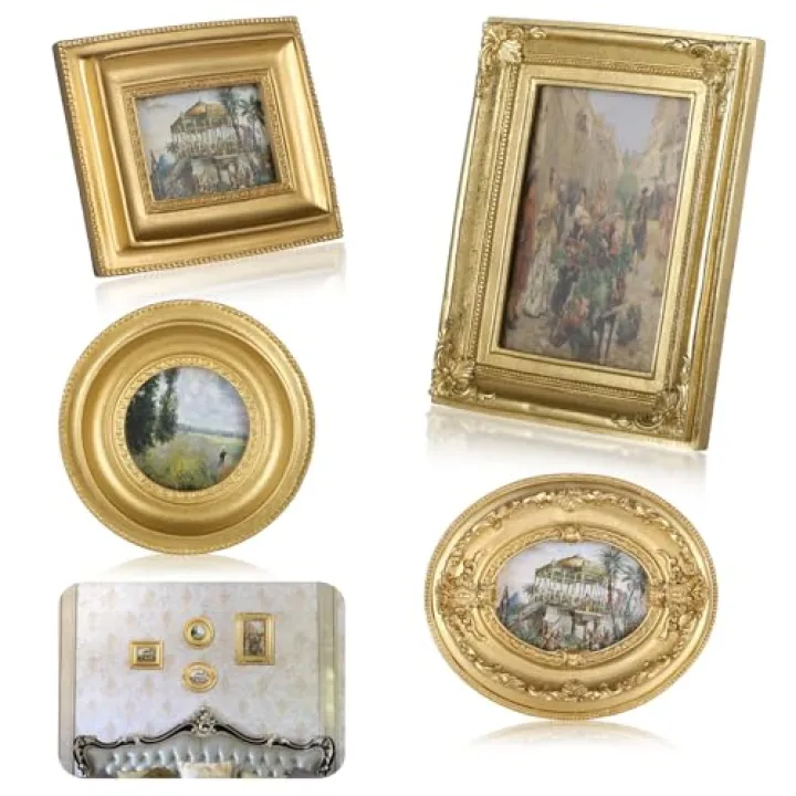 4 Styles Vintage Picture Frames, Small Golden Picture Frames, 4 Sizes Picture Frame 5.5''x4.6''/4.7''x4.7''/5.9''x7.7''/4.5''x5.4'',Collage Wall Mount & Tabletop Photo Display for Gallery Home Decor (Pack of 4)