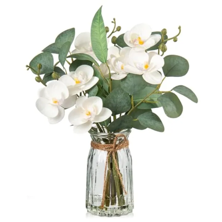 White Orchids Artificial Flowers with Vase Fake Flowers in Vase Artificial Eucalyptus Stems in Glass Vases with Faux Water Faux Orchid with Eucalyptus Leaves Arrangement for Dining Table Centerpiece