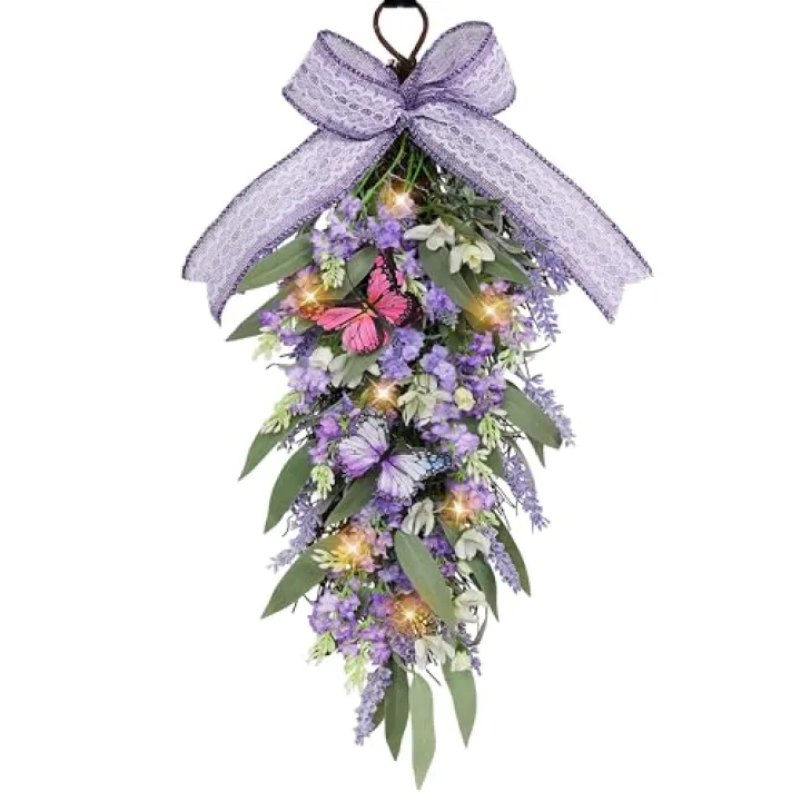Jusdreen LED Teardrop Floral Wreath with Butterflies, Faux Lavender Hanging Decor with Lights for Farmhouse Home