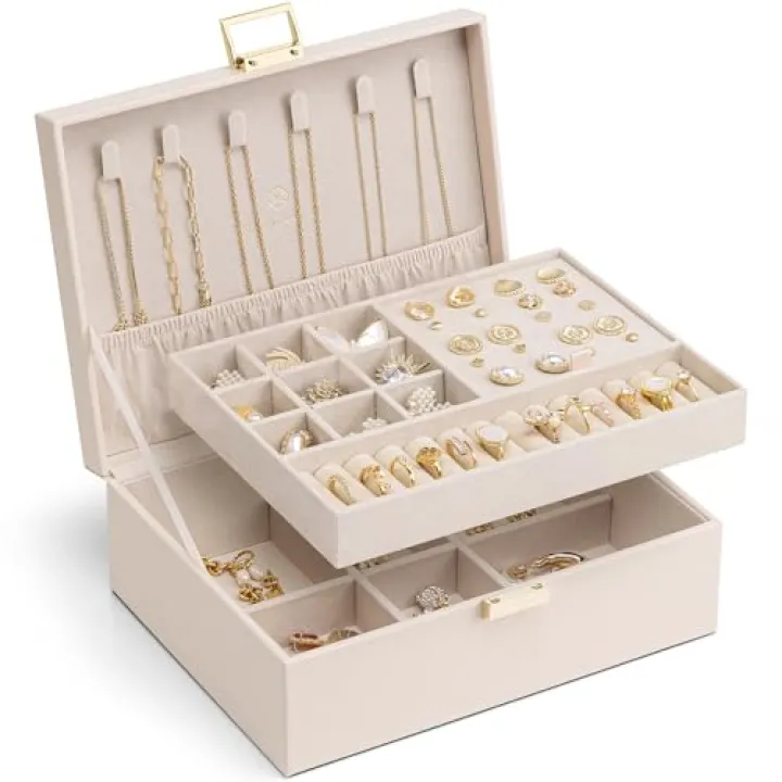 Vlando 2 Layer Jewelry Box Large Jewelry Organizer for Women Removable Jewelery Tray for Necklace Earrings Rings Bracelets Christmas Gifts for Mom Wife (Light Pink)