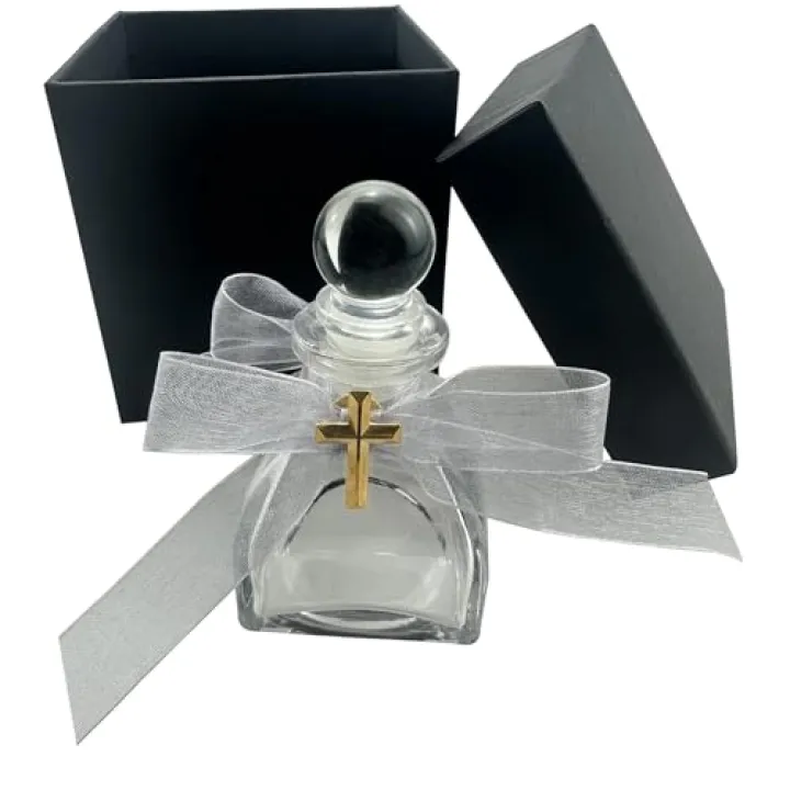 lulucross 50ml Glass Holy Water Bottle, St. Joseph Oil Bottle with Cross and White Ribbon, Christian Easter Baptism Catholic Blessing First Communion Gift for Catholic Believers