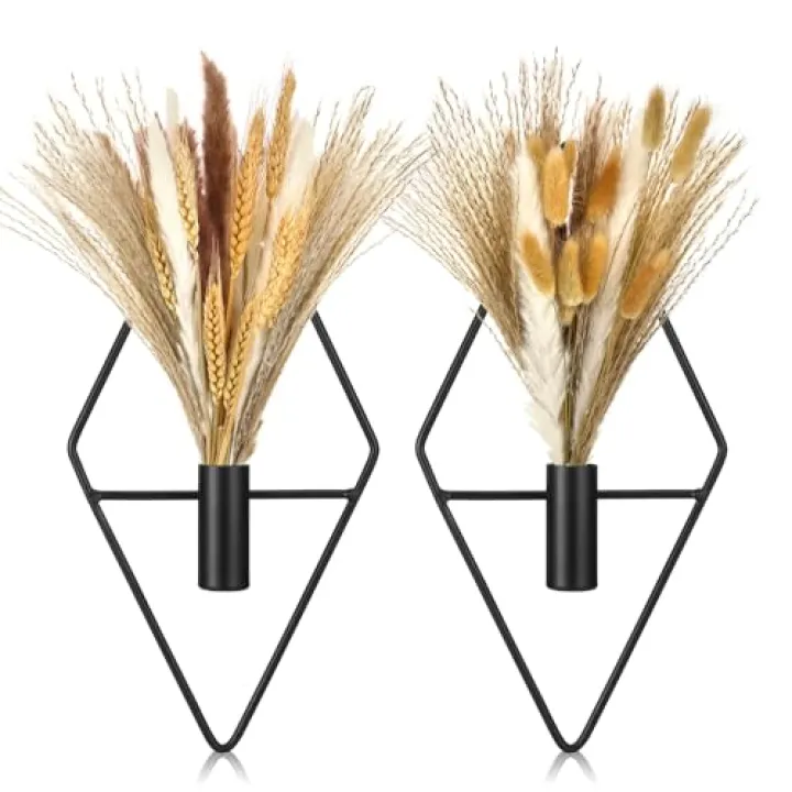 Peryiter 2 Pcs Small Boho Wall Decor Hanging Planters with Artificial Pampas Metal Wall Art Modern Home Decor Display Art for Bedroom Bathroom Living Room(Black)