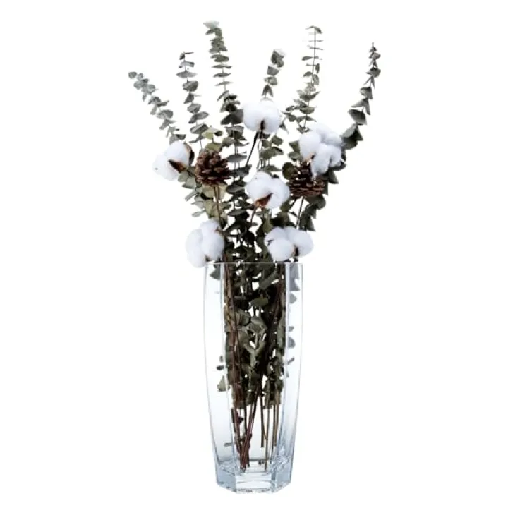 12" Clear Hand Blown Tall Glass Tabletop Vase Hexagon Flower Vases for Decoration, Flowers, Candles, Wedding Centerpiece, Modern Decor, Housewarming Gift
