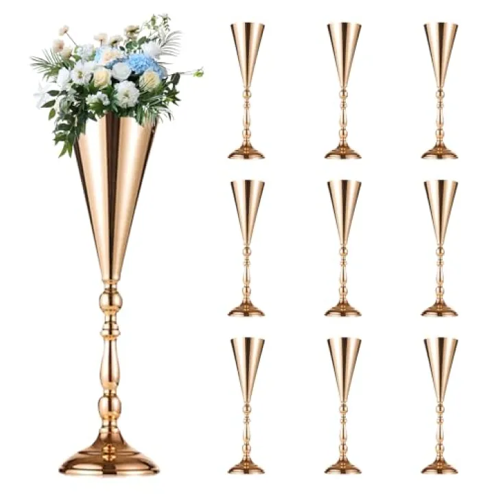 Hyuetrsa 10 Pcs Flower Trumpet Vases Table Decorative Centerpiece Gold Tall Flower Vase, 16.5 Inch Metal Wedding Vases Arrangement Flower Stand for Ceremony Party Birthday, Weddings, Home Decoration