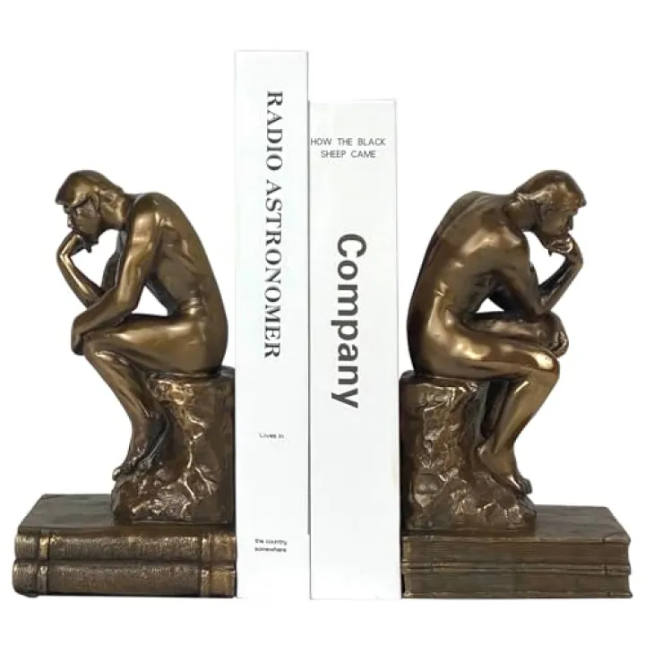 Cool Bookends Gold Decorative Unique Book Ends Book Stopper The Thinker Statue Sculpture Home Decor (2 Pack)