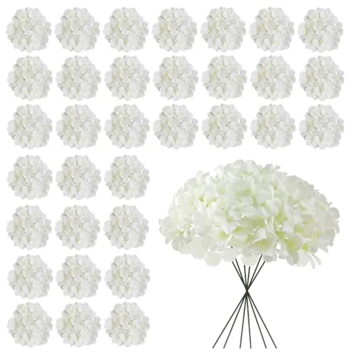 Cherica White Hydrangea Artificial Flowers Bulk, 30 Pcs Faux Hydrangea Flowers Heads, Artificial Fake Silk Hydrangea Flowers with Stems, White Flowers Artificial for Decoration Wedding Décor