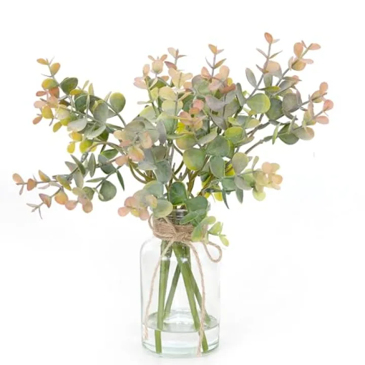 Muhanjia Artificial Eucalyptus Stems in Glass Vase with Faux Water,6Pcs Grey-Orange Fake Plant for Centerpiece (Grey-Orange Eucalyptus)