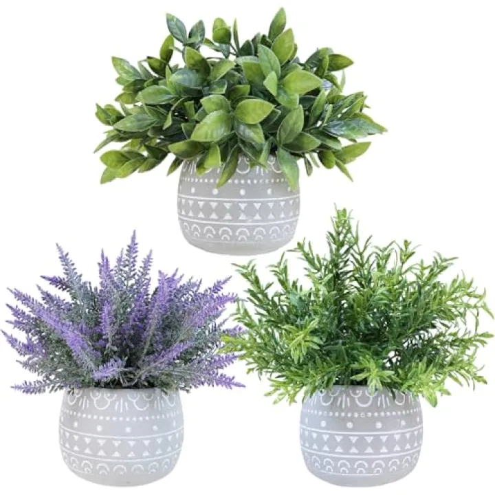 Winlyn Faux Potted Plants Set of 3 – Artificial Lavender Flower, Rosemary, Boxwood in Gray Geometric Concrete Pots for Wedding Home Living Room Table Centerpiece Windowsill Shelf French Boho Décor