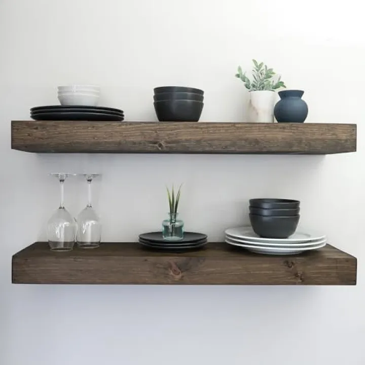 Urbandi Modern Floating Shelves 3 Inches Thick for Wall, Wide Shelves for Kitchen, Living Room, Bedroom, and Bathroom, Natural Pine Wood, Rustic Wooden Shelf, (Set of 2) (Jacobean, 24Lx3Hx6D)