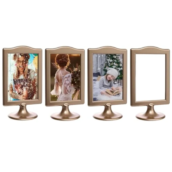 Meonua Double Sided Standing Picture Frames 4x6 Inch Pedestal Photo Frame with Inserts and Base - 2 Sided Frame for Vertical Display(Champagne Gold, 4 count)