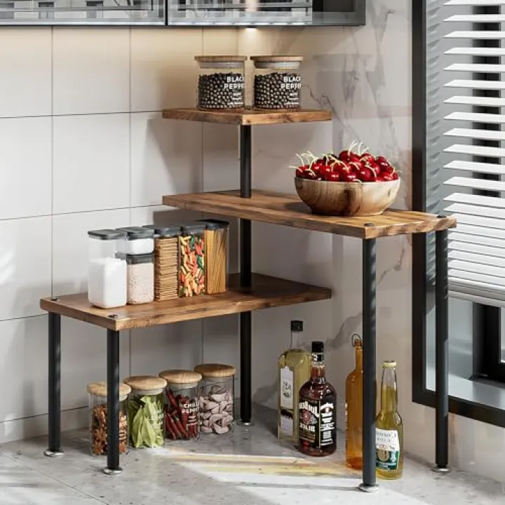 Dazioter Countertop Organizer Organization 3 Tier Kitchen Corner Shelves Adjustable Spice Storage Rack for Bathroom Coffee Area Over Sink (Black)