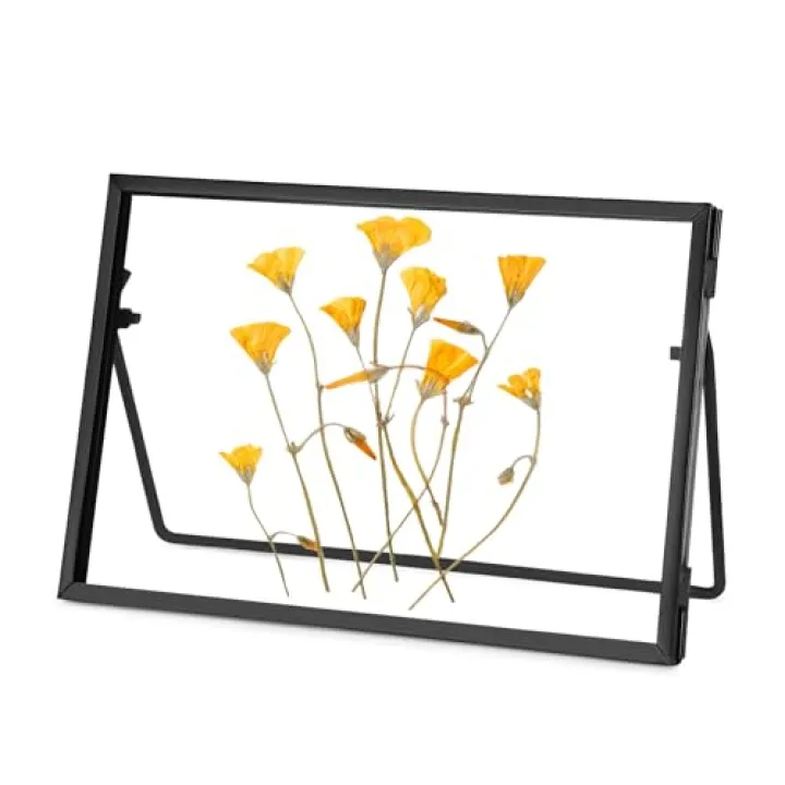 REDHUGO Glass Pressed Flower Frame Handmade, Glass Floating Picture Frames Tabletop Brass Photo Frame for DIY Dried Flowers Home Plant Specimen, Rectangle Horizontal 4×6 inches,Black (FRAME ONLY)