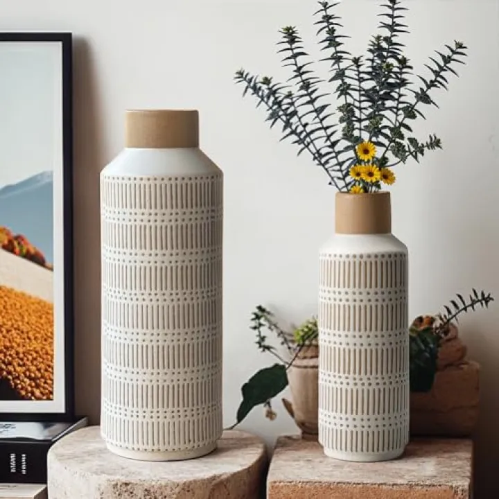 LIZOFER Rustic Ceramic Vase Set of 2 for Living Room Bedroom 15.75'' and 11.02'' Farmhouse Flower Bouquet Vases for Fake Plant Home Decor Office Fireplace Centerpieces Retro Vintage Modern Gift