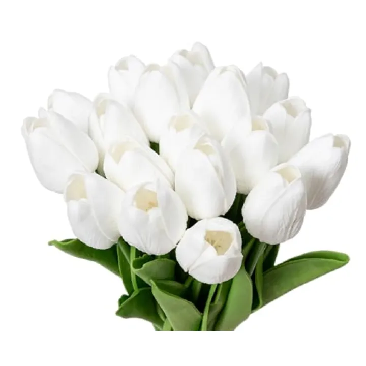 KAOYOO 18PCS Artificial Tulip Flowers Bouquet - Faux Latex Tulips for Home Decor,Office Desk,Kitchen Table,Wedding Centerpiece,Party,Spring Decoration(White,18 Pack)