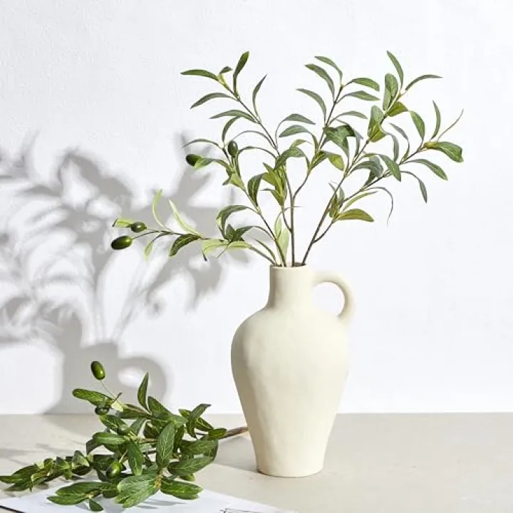 Juexica 10" Large White Ceramic Vase with 2 Pcs 20 Inch Artificial Olive Branches, Decorative Vase for Home Decor, White Ceramic Greenery Decor for Home Living Room Coffee Table Office