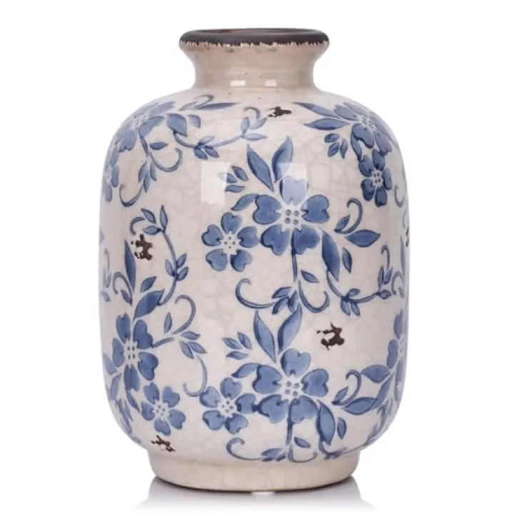 Chinoiserie Vase - 7.9" Tall Chinoiserie Decor Ice Crackle Vintage Blue and White Floral Vase, Farmhouse Country Home Decor, Living Room, Dining Table, Fireplace and Entryway Decor Centerpieces