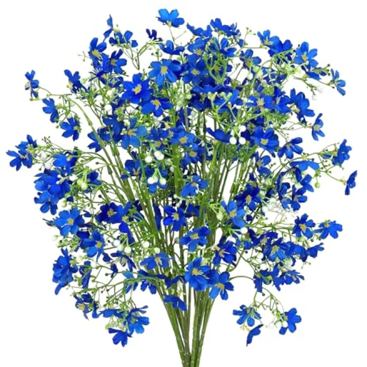 MEIVINES Artificial Flowers 8PCS Silk Flowers with Long Stems, Fake Flowers Bulk Fake Babys Breath, Royal Blue Flowers for Tall Vase Outdoor Garden Wedding Party Home Table Centerpiece