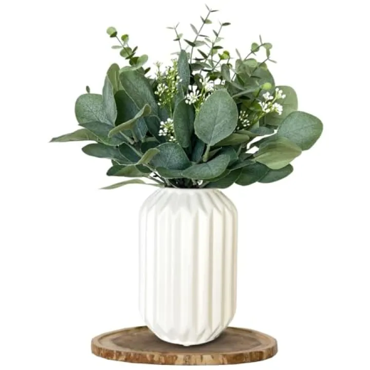 ROVALA Fake Eucalyptus Decor in White Ceramic Vase Realistic Faux Plants Indoor Tabletop Fake Desk Plants for Office Small Potted Plant Artificial Decor Small Fakeplants for Shelves Bathroom Kitchen