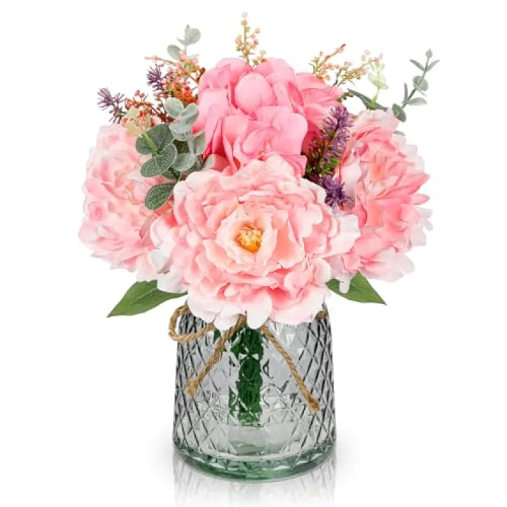 Briful Faux Flower Arrangements Artificial Peony Hydrangea Silk Flowers with Glass Vase Realistic Fake Potted Floral Bouquet for Home Offices Weddings Parties Table Centerpieces Décor (Pink)