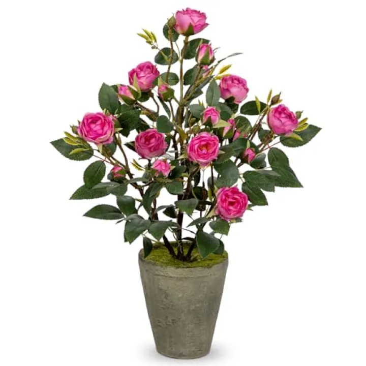 Hollyone Artificial Flower Plants Camellia Pink Roses Faux Potted Plant with Cement Pot Fake Silk Flower Rose Camellias Flower Arrangement Office Home Decor Bathroom Shelf Desk Decoration 15 Inch